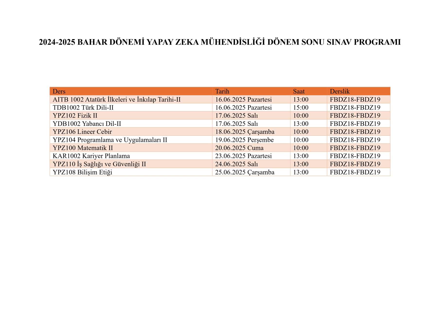 Yapay Zeka Mühendisliği Final Sınav Programı