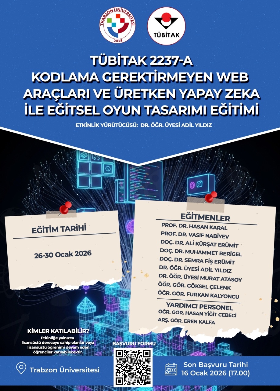 TÜBİTAK 2237-A — Kodlama Gerektirmeyen Web Araçları ve Üretken Yapay Zekâ ile Eğitsel Oyun Tasarımı afişi